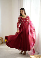 Teeya Creation Maroon Color Crunchy Silk Embroidery Work Gown | Grocsy