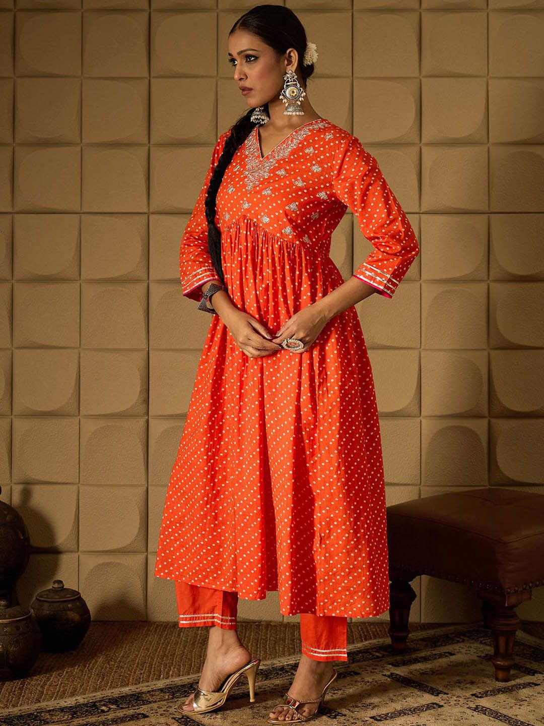 Indo Era Bandhani Embroidered Empire Sequined A-Line Pure Cotton Kurta With Trousers | Grocsy