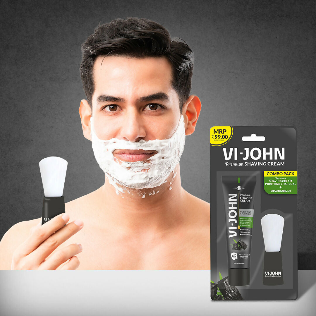 VI-JOHN Dermatologically Tested Premium Claming Aqua Shaving With Shaving Brush Cream Enriched with Aloevera & Almond Oil free From Silicone, Paraben & Mineral Oil | Grocsy
