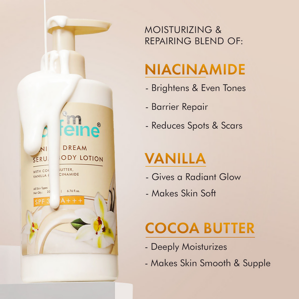 mCaffeine Vanilla Dream Serum Body Lotion SPF 30 PA+++ For 72 hrs Deep Moisturization | Grocsy
