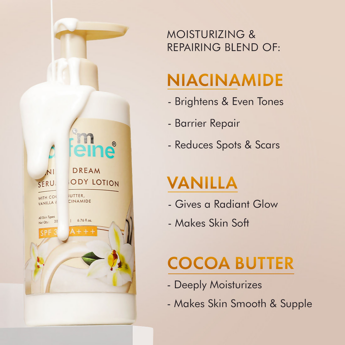 mCaffeine Vanilla Dream Serum Body Lotion SPF 30 PA+++ For 72 hrs Deep Moisturization | Grocsy