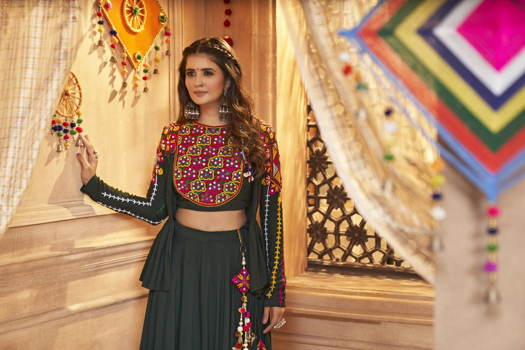Green Viscose Rayon Thread Embroidered Work With Mirror All Over Navratri Lehenga Choli With Dupatta - Raas | Grocsy
