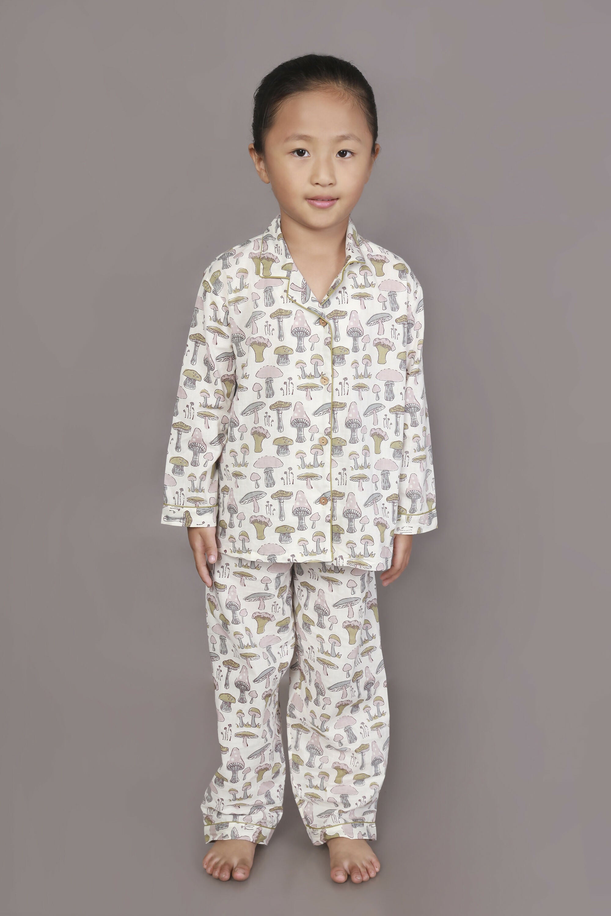Breathables Kids Cotton White Mushroom Print Shirt & Pyjama Boys & Girls Night Suit | Grocsy