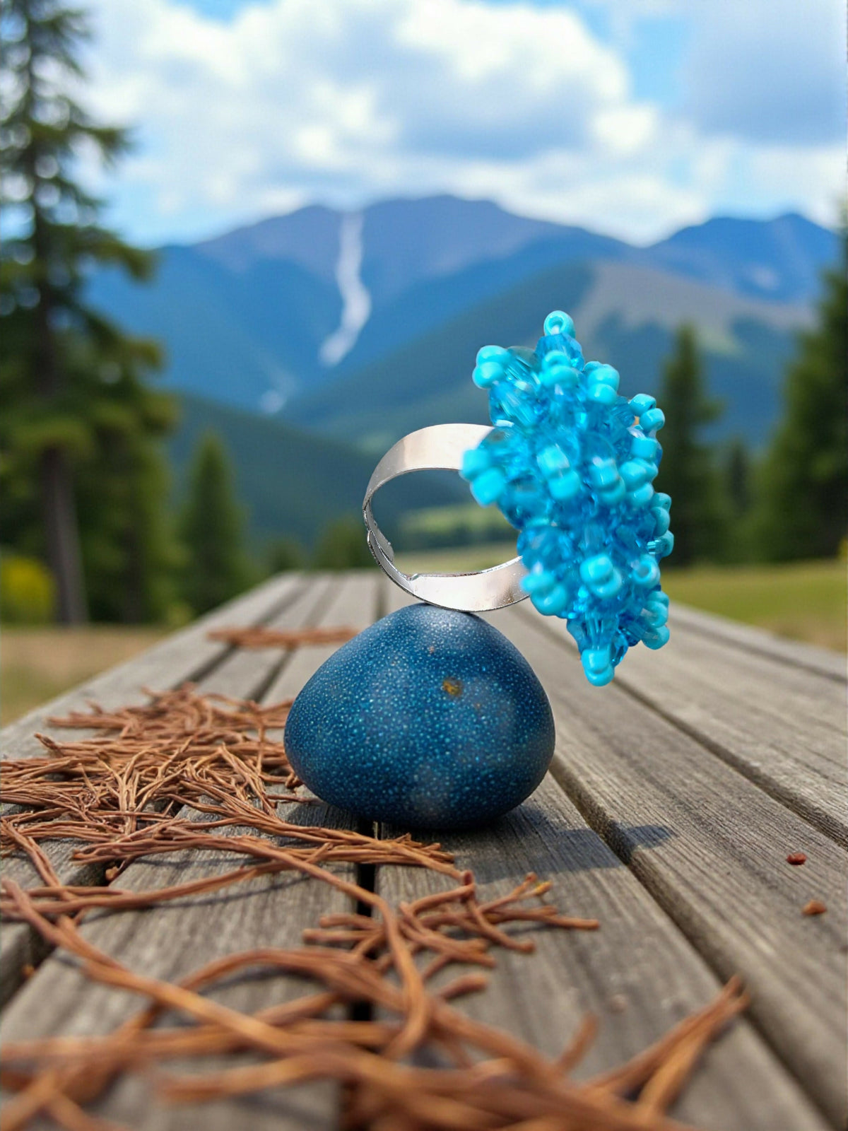 Inhanns Rang-E-Roshan Adjustable Ring – Handmade Crystal Statement Ring - Sky Blue | Grocsy