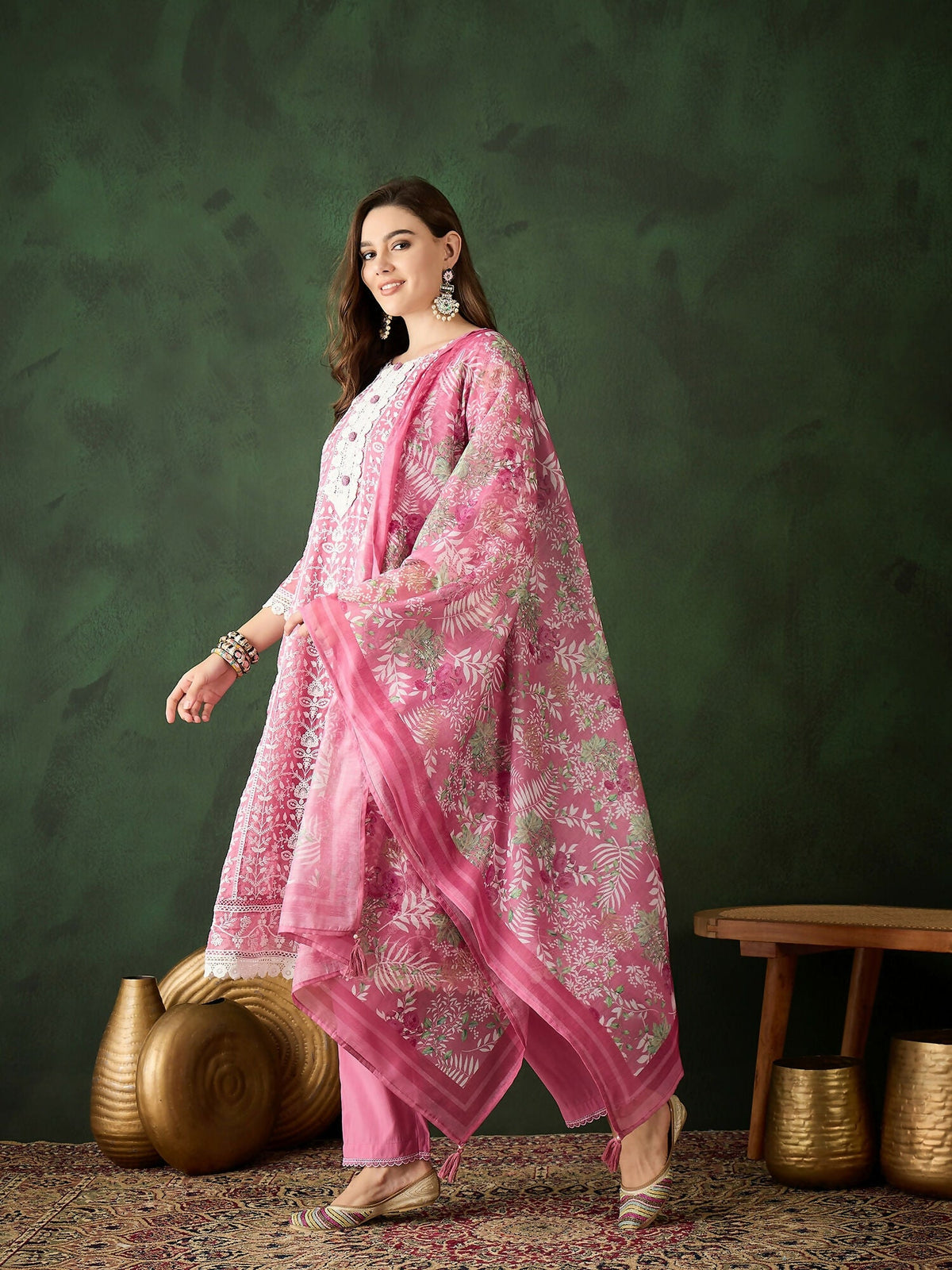 Pink Crystal Organza schiffli embroidery Kurta With Trouser & Dupatta - Bhumi | Grocsy