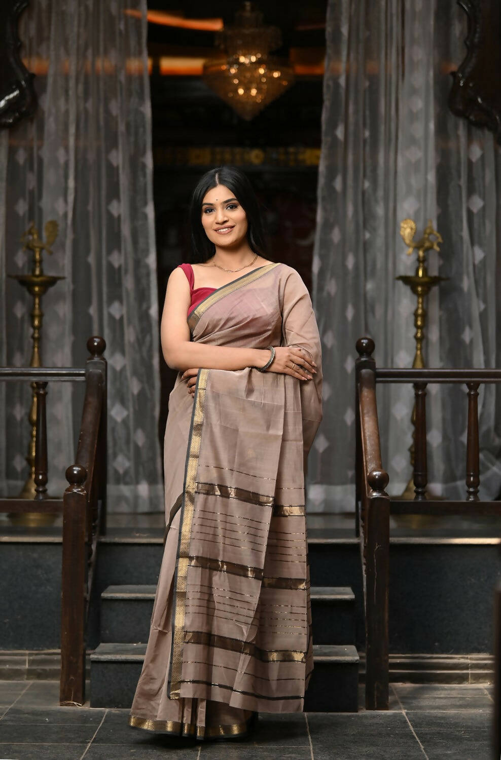 Very Much Indian VMI Exclusive Designer! Handloom Cotton Silk Saree With Sleek Golden Border - Warm Taupe | Grocsy