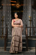 Very Much Indian VMI Exclusive Designer! Handloom Cotton Silk Saree With Sleek Golden Border - Warm Taupe | Grocsy