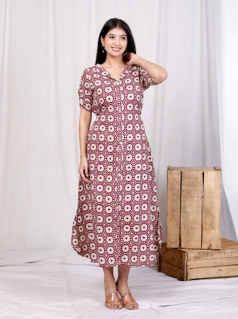 Miravan Women's Cotton Floral Printed Cream A-Line Maxi Dress with Buttons | Grocsy