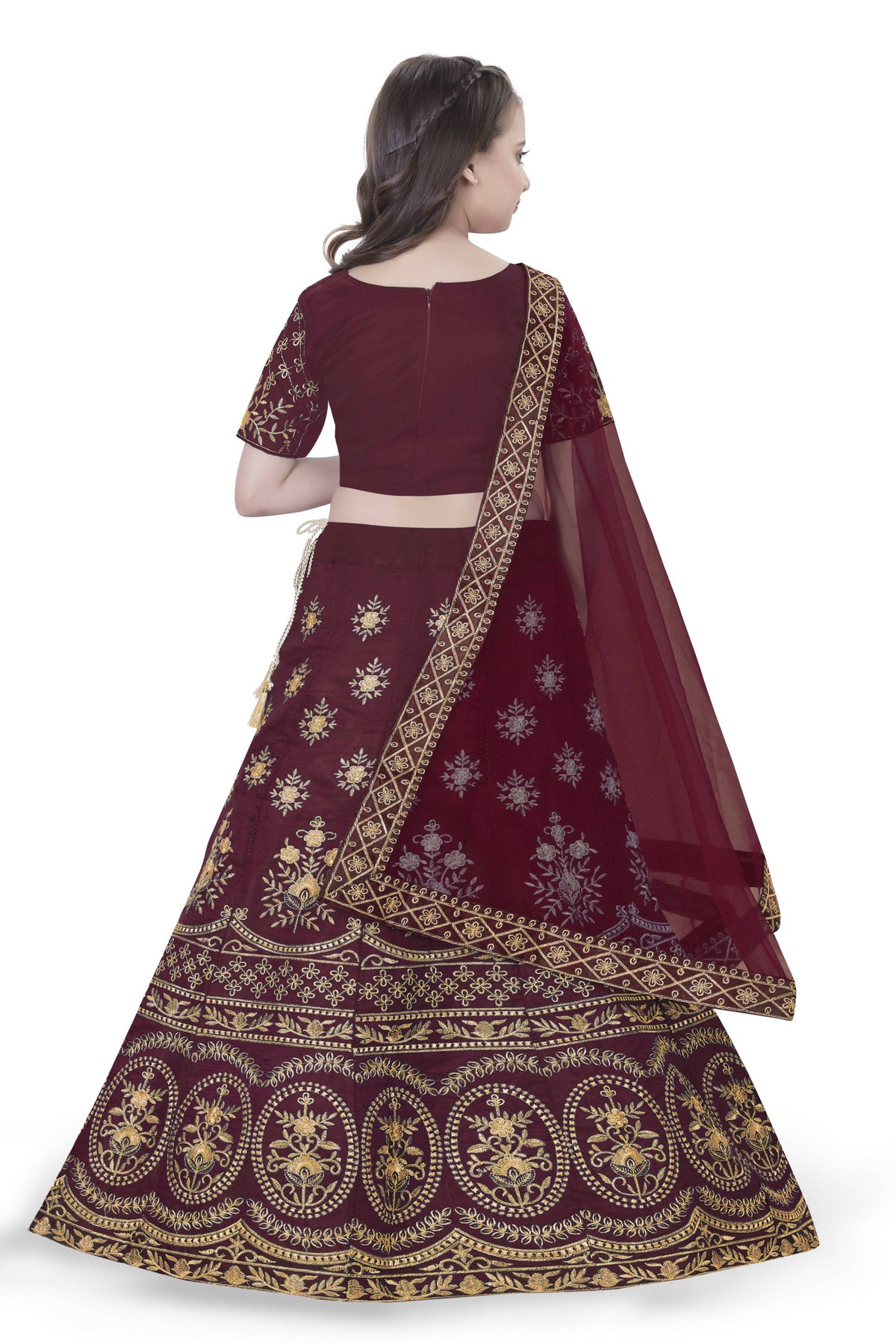 Dwiden Maroon Lehriyu Tafetta Sattin Semi-Stitched Girl's Lehenga Choli | Grocsy