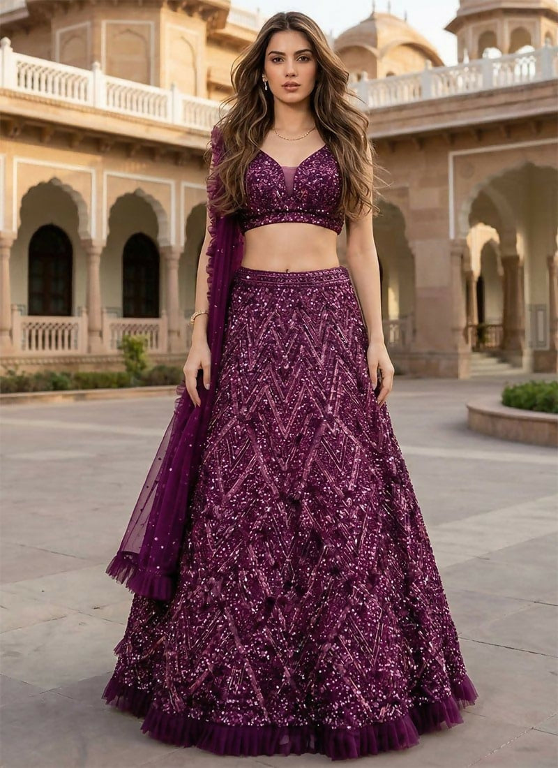 Lehenga Mart Wine Velvet Designer Bollywood Style Wedding Wear Lehenga Choli | Grocsy