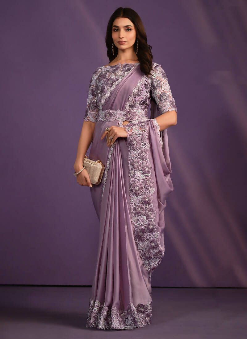Lavender Crepe Satin Silk Embroidered Saree With Stitched Blouse - Mohmanthan Exotica | Grocsy