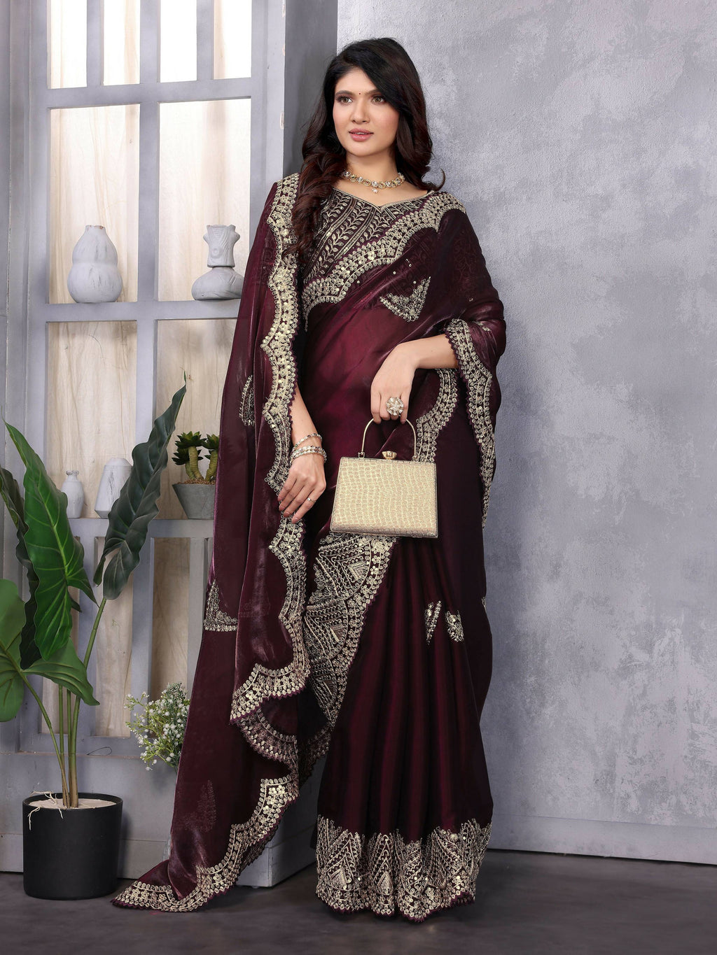 Vastranavya Wine Embroidery Work Shimmer Chiffon Saree with Unstitched Blouse | Grocsy