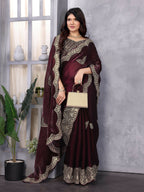 Vastranavya Wine Embroidery Work Shimmer Chiffon Saree with Unstitched Blouse | Grocsy