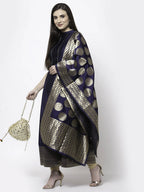 Myshka Women Blue Silk Blend Sleeveless Round Neck Gown With Dupatta | Grocsy
