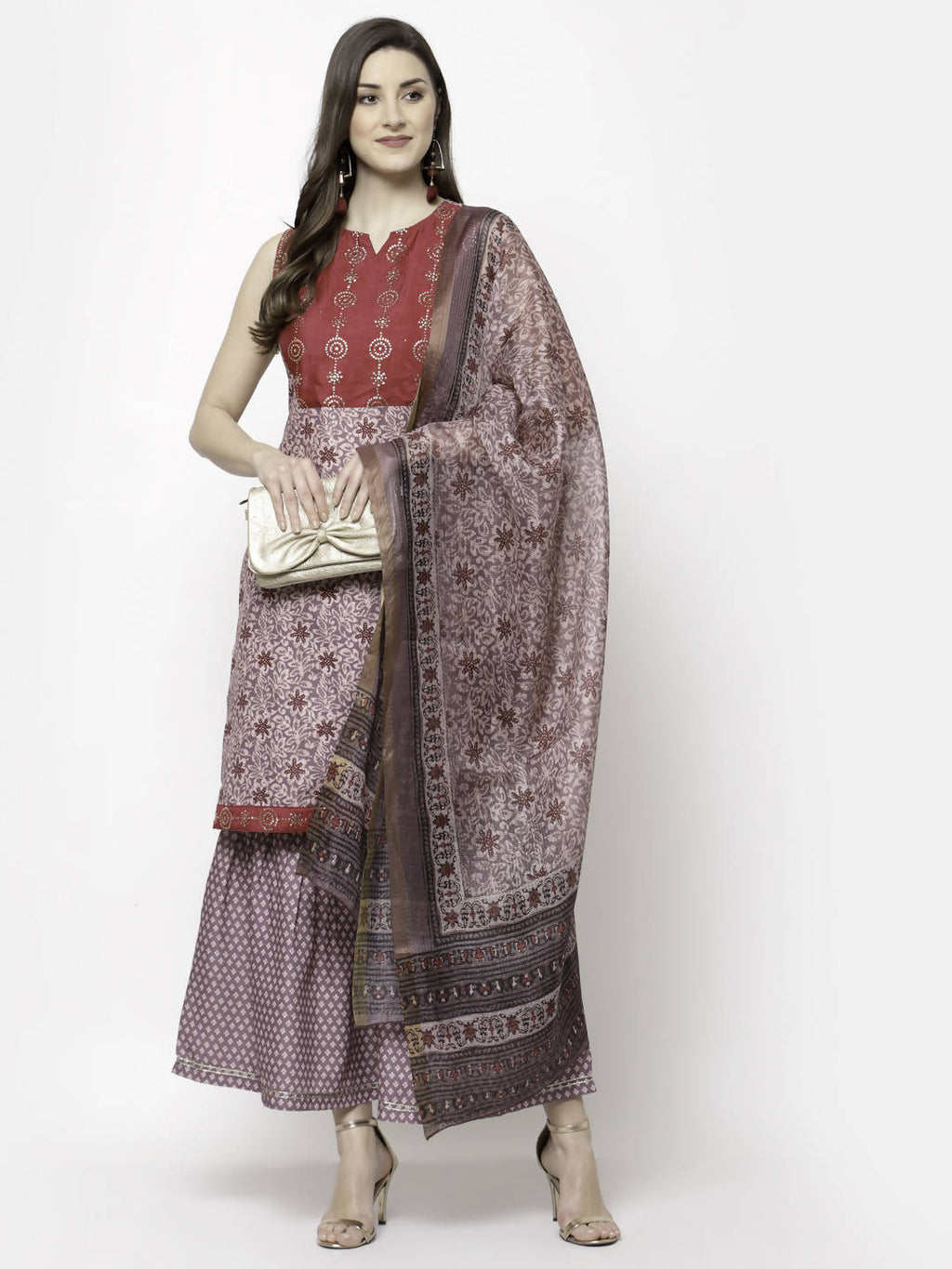 Myshka Multicolor Cotton Blend Printed Sleeveless Round Neck Kurta Palazzo Dupatta Set | Grocsy