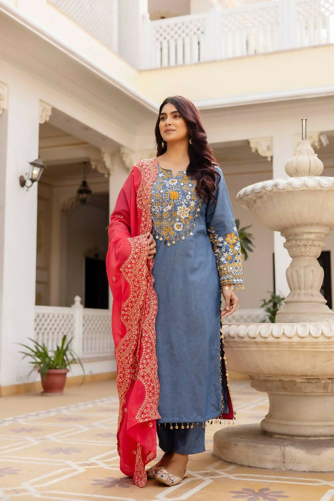 Teeya Creation Blue Color Cotton Denim Party Wear Real Mirror Work kurti | Grocsy