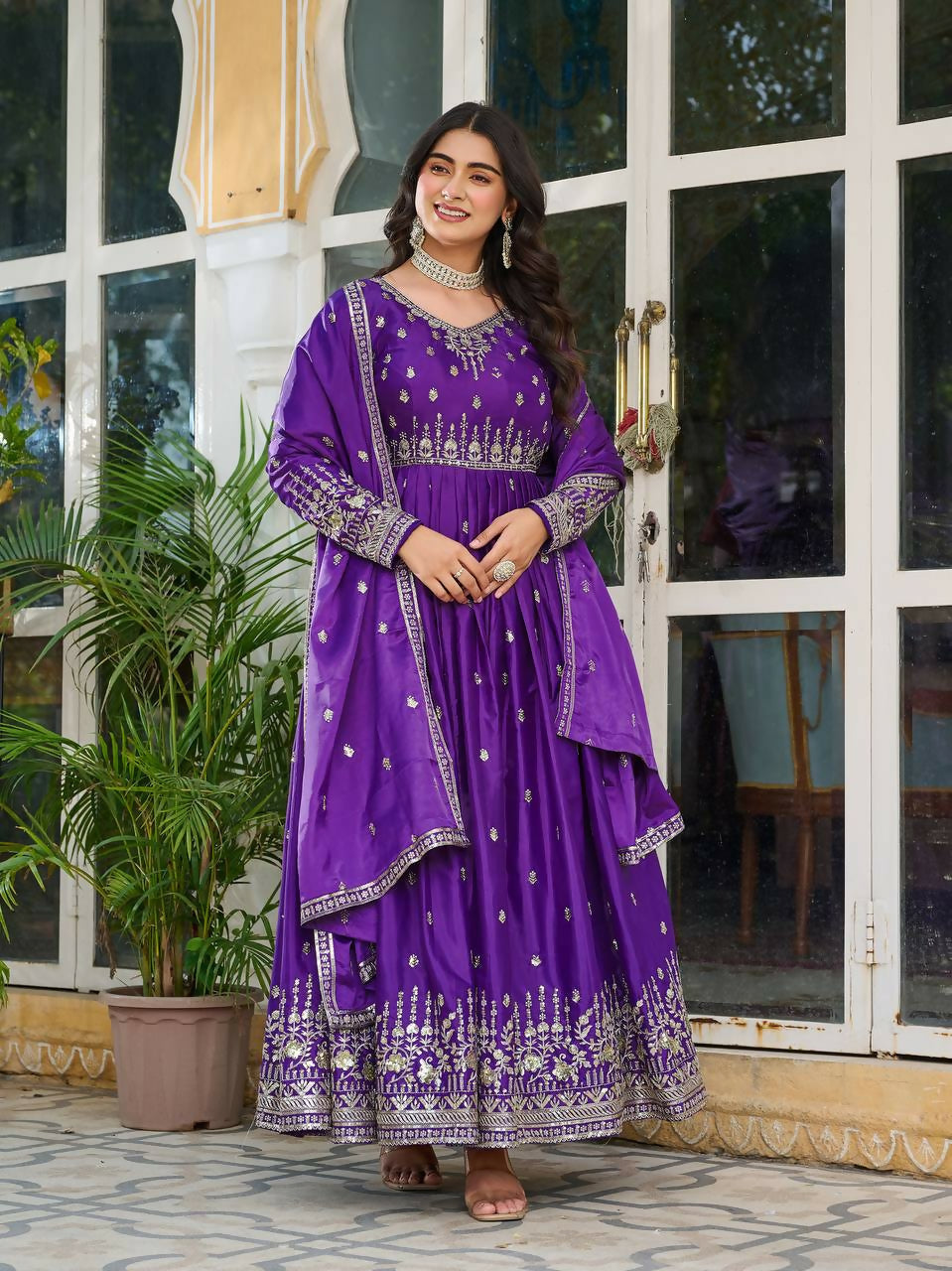 The52 Women's Beautiful American Silk Fabric Embroidery Work Flared Anarkali Pant and Dupatta Set | Grocsy