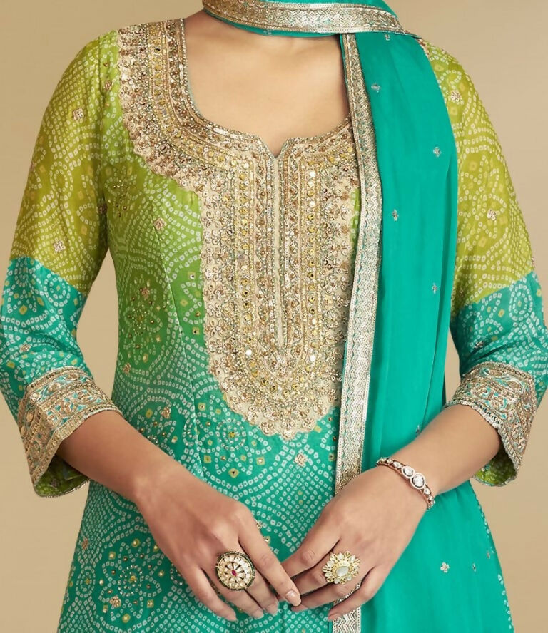 Vastranavya Bandhej Printed Chinon Chiffon Embroidered Sequins Pakistani Suit | Grocsy