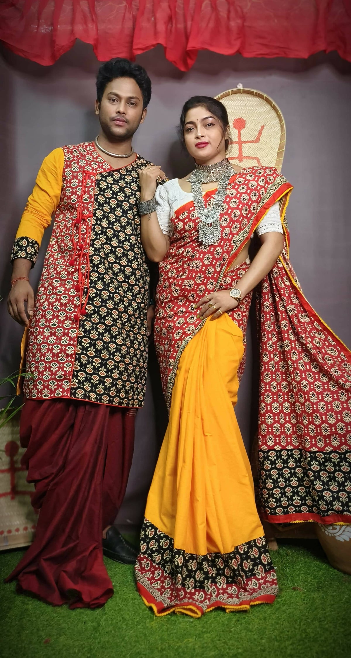 Exclusive Collection Saree With Blouse Piece For Women And Men's Kurta - Yellow | Grocsy