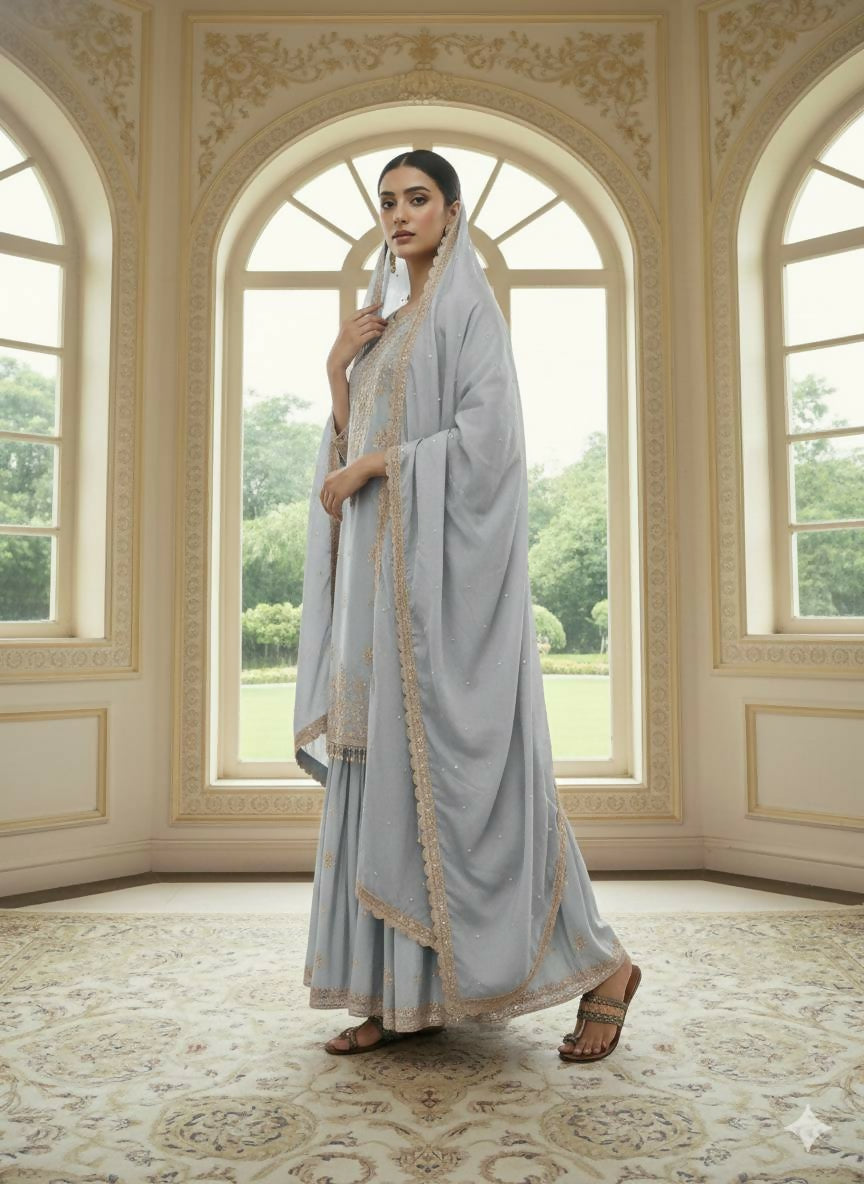Teeya Creation Grey Color Chinnon Silk Embroidery Work Wedding Wear Salwar Suit | Grocsy
