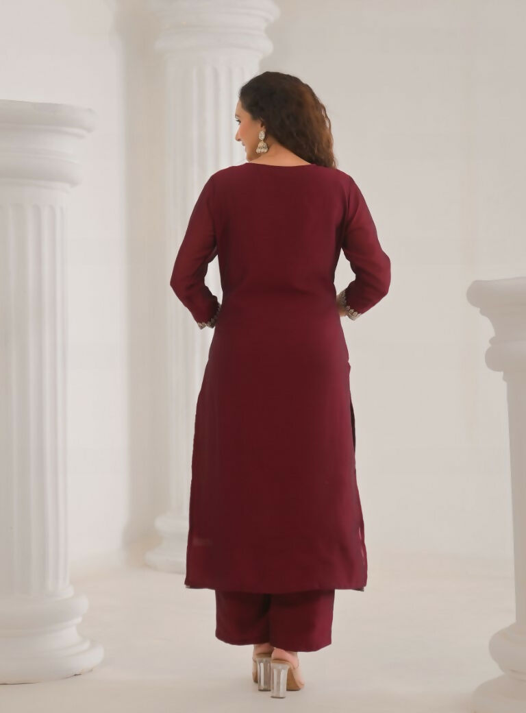 Ethnic Festive Wear Vichitra Silk Wine Stitched Suit With Dupatta - Tanisha | Grocsy