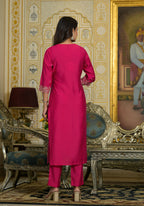 Juniper Women's Fuchsia Zari Embroidered Viscose Kurta Pant And Dupatta Set With Lace | Grocsy