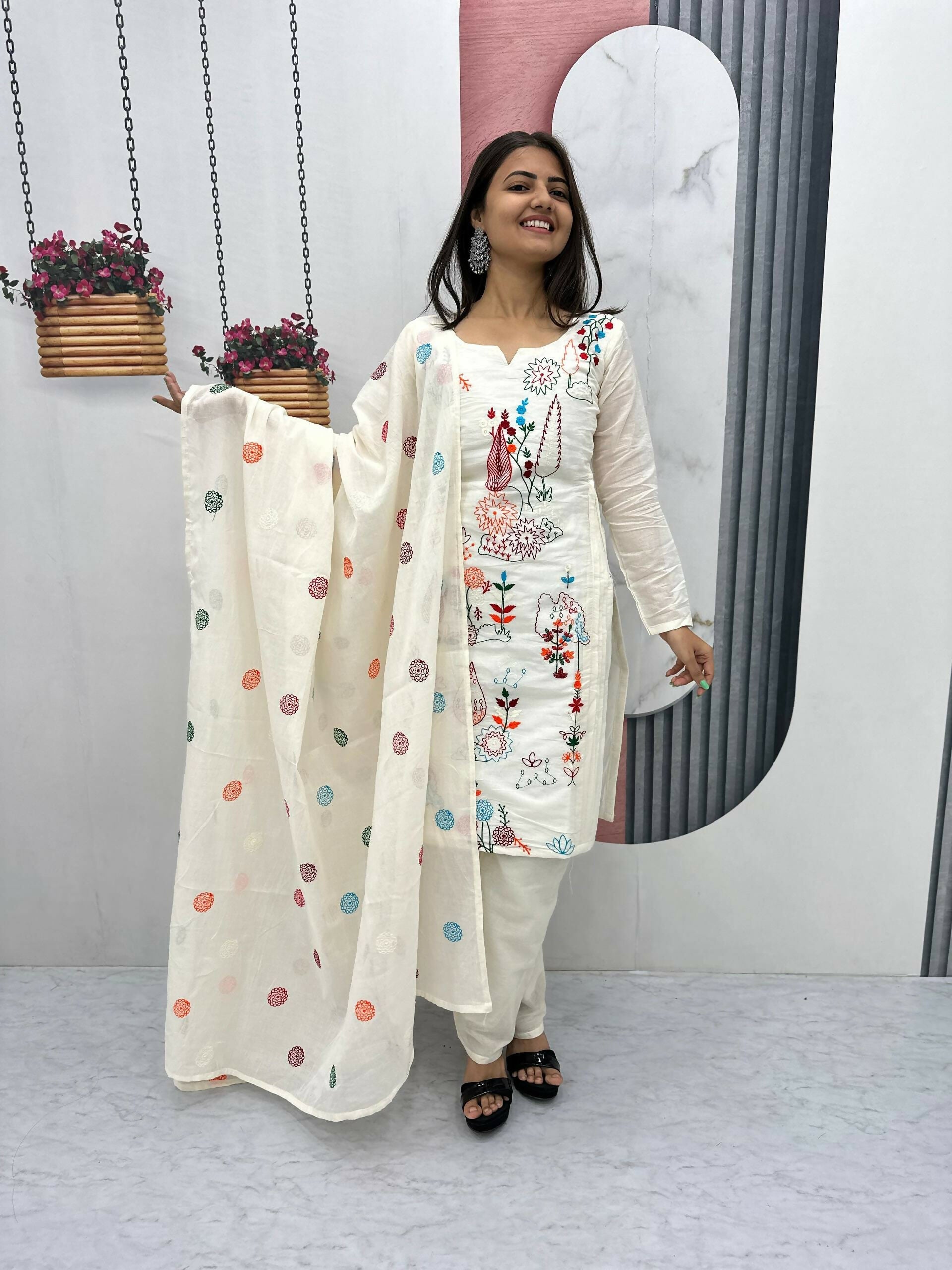 Teeya Creation Womens New Khadi Cotton Heavy Embroidery Thread Work Cream Kurta Set | Grocsy