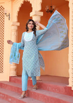 Alvano Women's Kurti with Pant and Dupatta Set for Women's and Girls | Grocsy