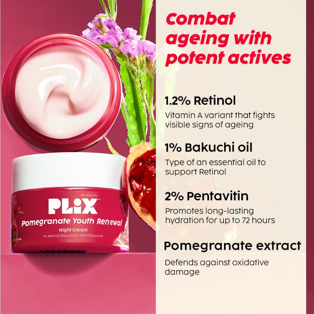 PLIX The Plant Fix 1.20% Retinol & 1% Bakuchi Oil Pomegranate Anti Ageing Night Cream | Grocsy