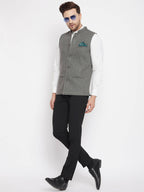 Even Apparels Grey Wool Men Woven Nehru Jacket | Grocsy