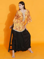 Women Republic Yellow Printed Satin Georgette Shirt With Bell Sleeves And Dhoti | Grocsy