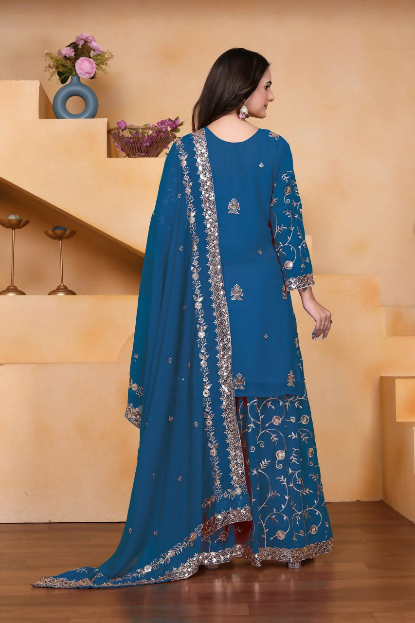 Teeya Creation Blue Color Faux Georgette Embroidery Work Wedding Wear Palazzo Set | Grocsy