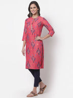 Myshka Women's Pink Printed 3/4 Sleeve Rayon Round Neck Casual Kurta | Grocsy