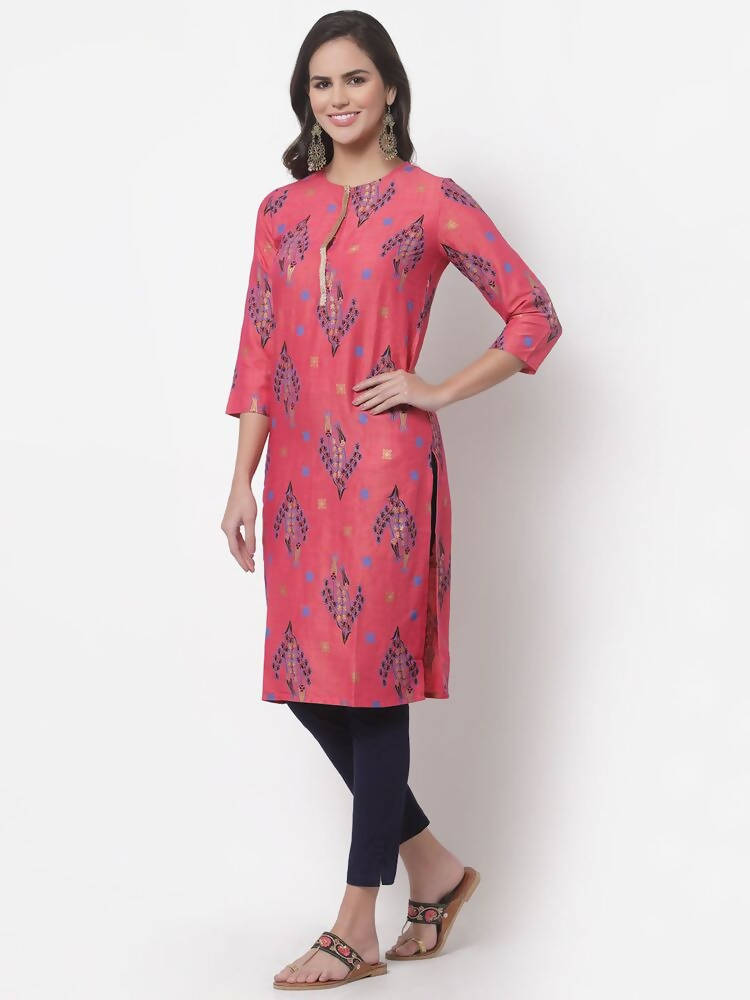 Myshka Women's Pink Printed 3/4 Sleeve Rayon Round Neck Casual Kurta | Grocsy