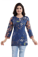 Snehal Creations Blend Well Beautiful Blue Faux Crepe Printed Tunic Top | Grocsy