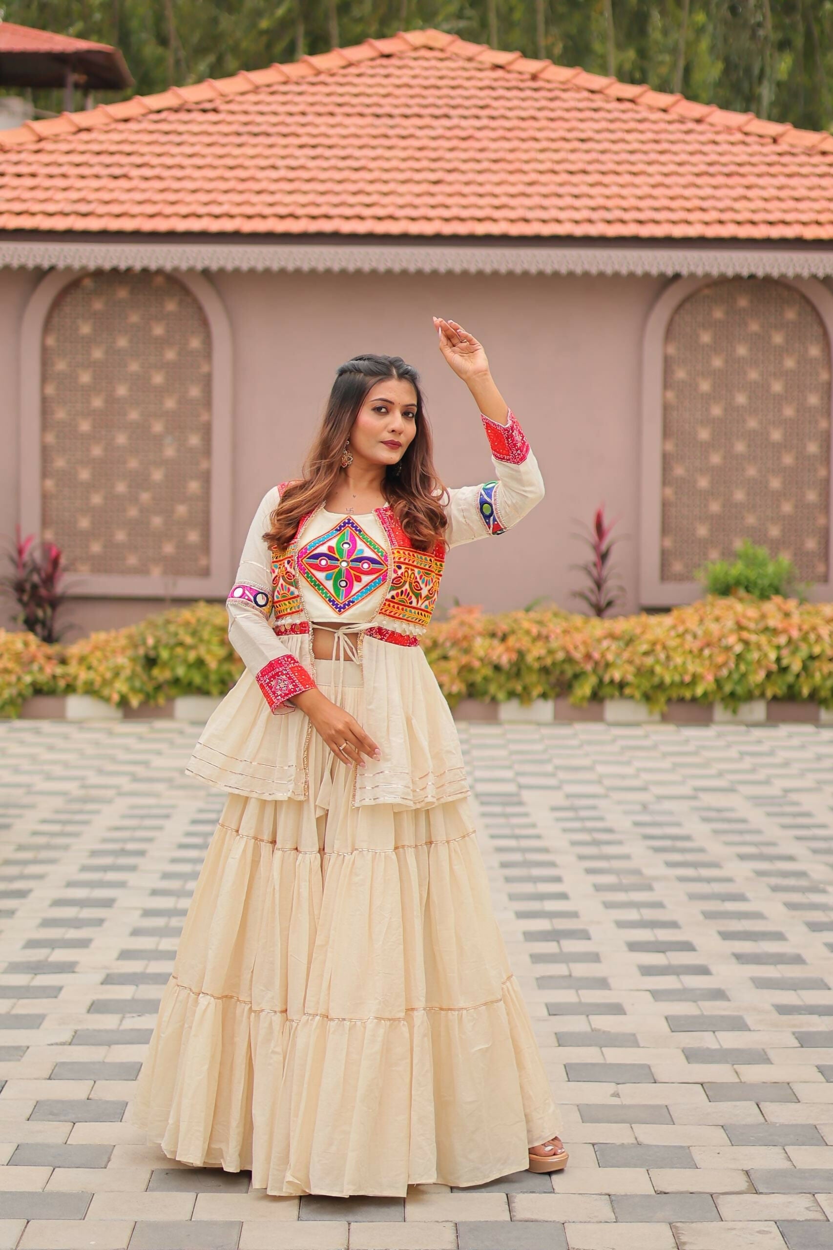 Teeya Creation Womens New Stylish Heavy Gamthi Work With Mirror Lace Work Cream Gown Set | Grocsy