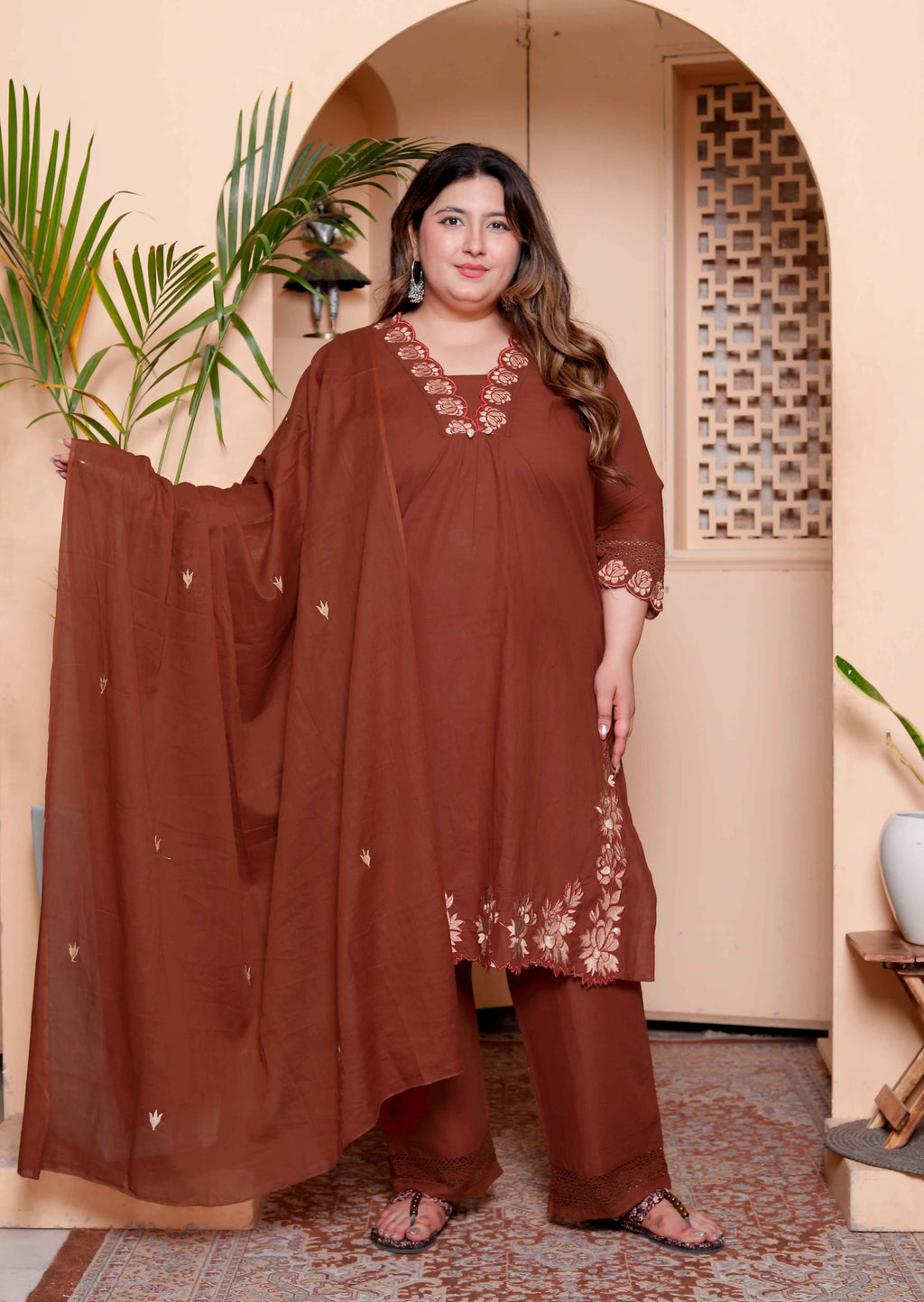 Miravan Womens Plus Size Embroidered Cotton Kurta with palazzo & Dupatta Set | Grocsy