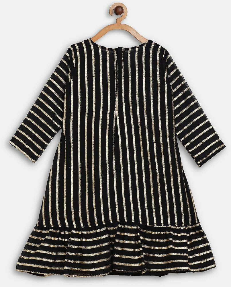 Ahalyaa Black Georgette Stripped Gold Printed Kids Kurta Pant Set For Girls | Grocsy