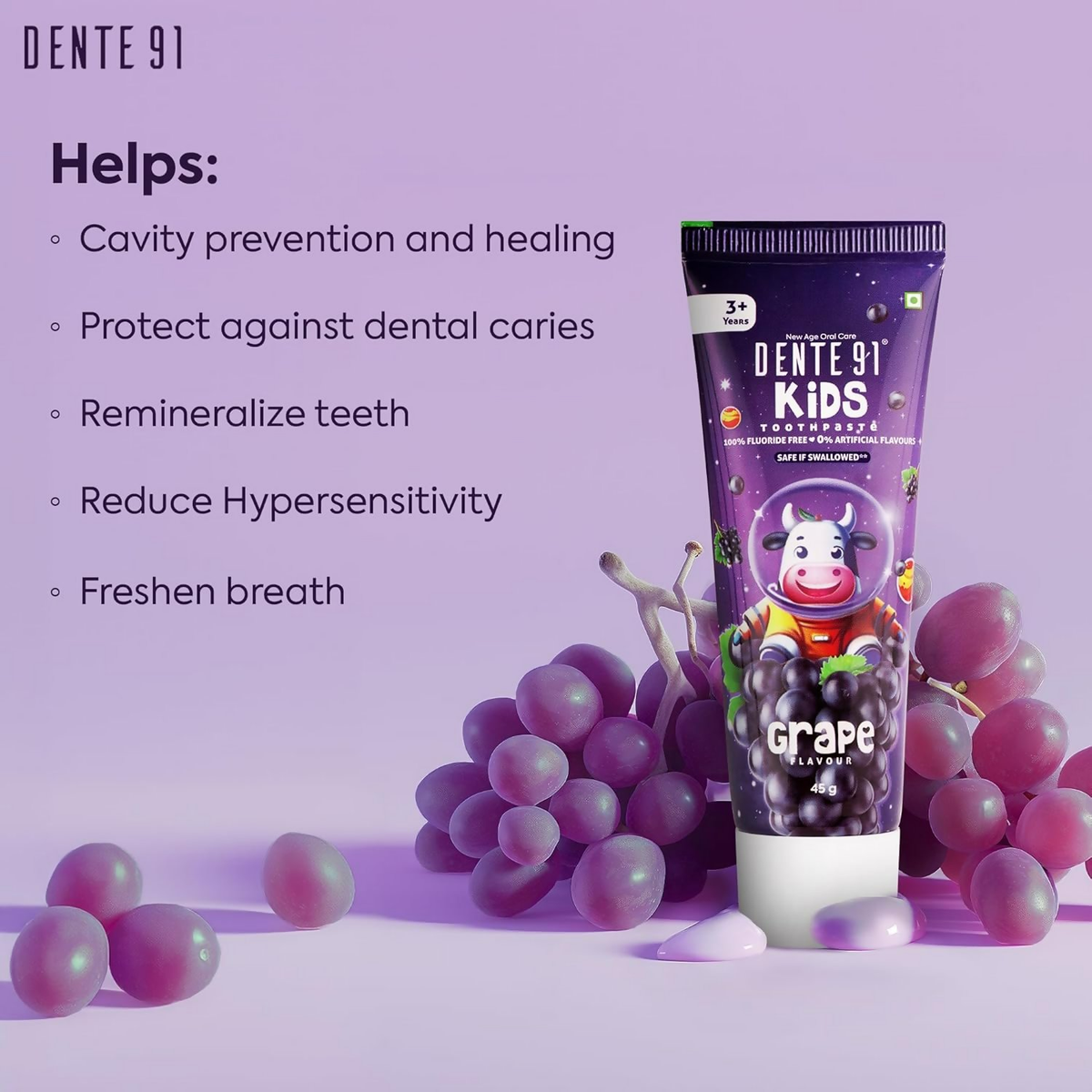 Dente91 Kids Toothpaste Protects Against Dental Caries & Hypersensitivity Fluoride Free Grape Flavour | Grocsy