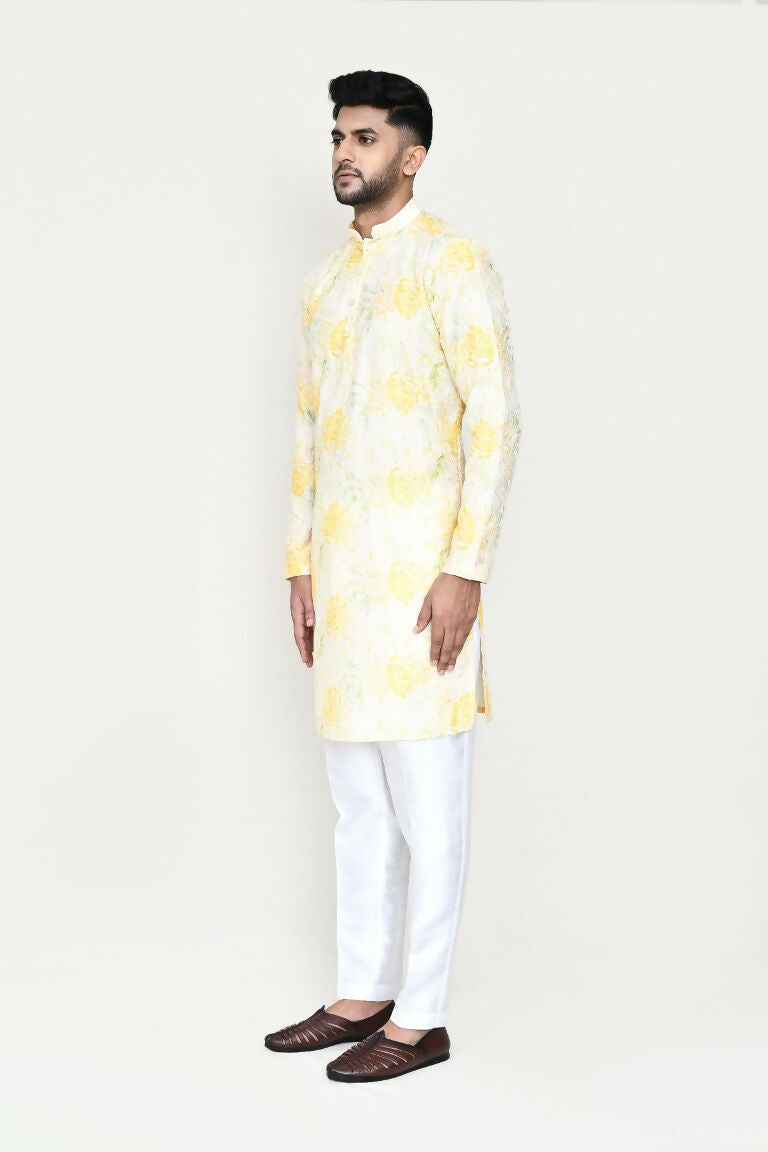 Joban Fashion Yellow Colored Rayon Based With Digital Print Fabric Kurta With Straight Fit Pant | Grocsy