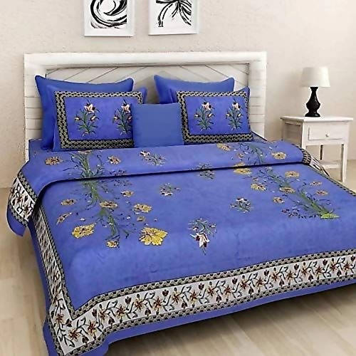 Vamika Printed Cotton Blue Color Bedsheet With Pillow Covers (LEOC_KASH_B) | Grocsy
