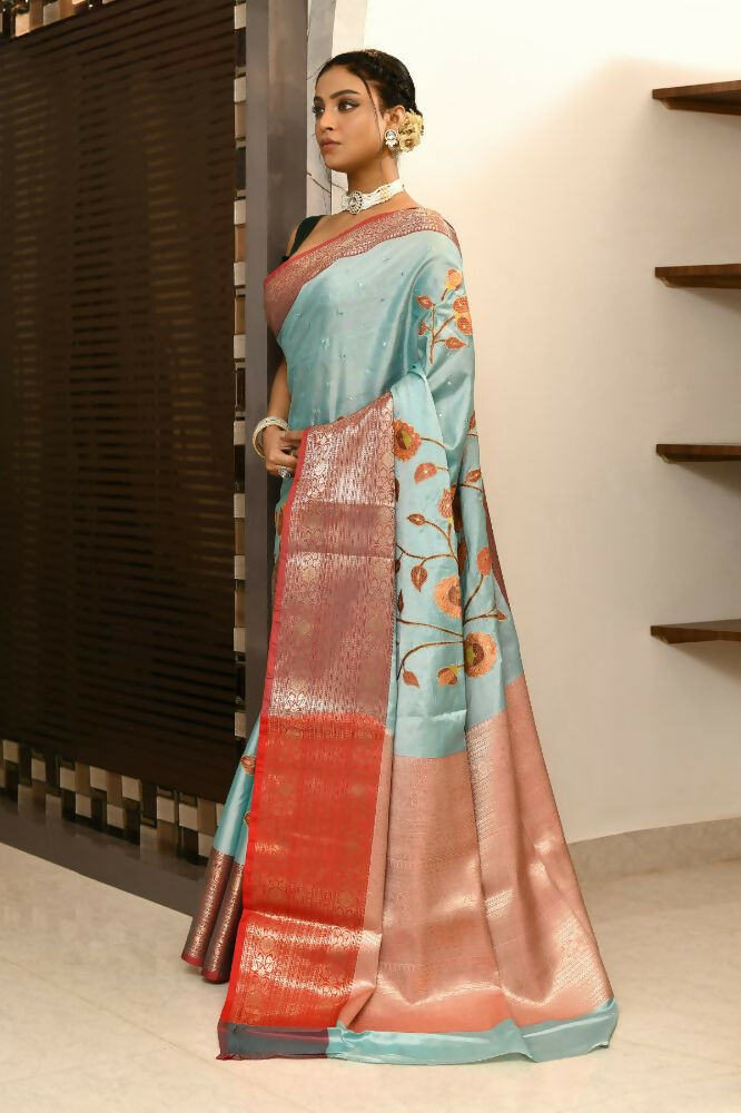 Joban Fashion CGren & Orange Saree Kataan Applick Witch Mirror | Grocsy