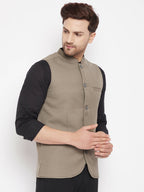 Even Apparels Beige Merino Men Woven Nehru Jacket | Grocsy