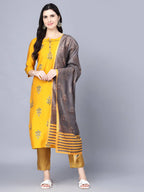 Myshka Women Mustard Yellow Ethnic Motifs Embroidered Panelled Kurti with Trousers With Dupatta | Grocsy