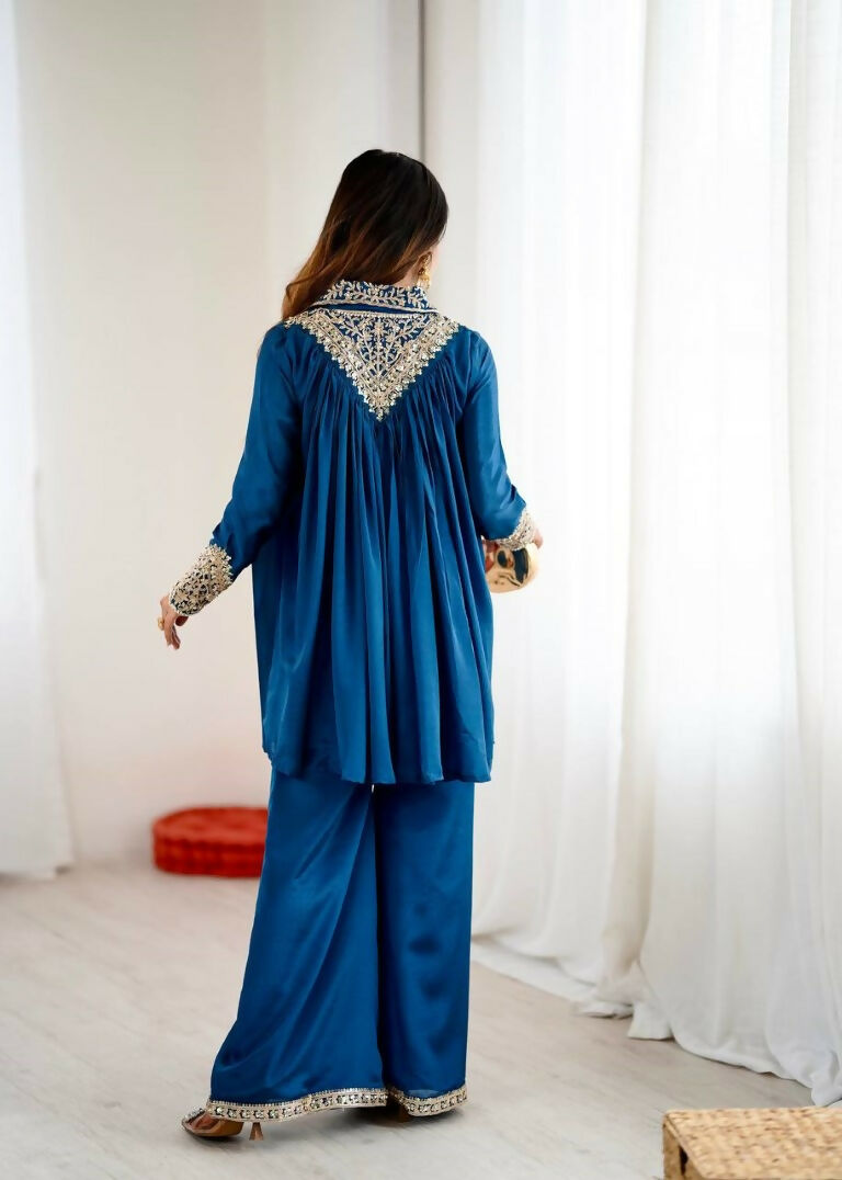 Teeya Creation Blue Heavy Chinnon Silk Embroidery Work Plazo pair | Grocsy
