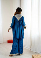 Teeya Creation Blue Heavy Chinnon Silk Embroidery Work Plazo pair | Grocsy