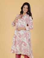 Aramya Pink Linen Cotton Foliage High Low Kurta for Women | Grocsy