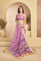 Vastranavya Onion Pink Digital Printed Linen Ready To Wear Pocket Saree with Unstitched Blouse | Grocsy