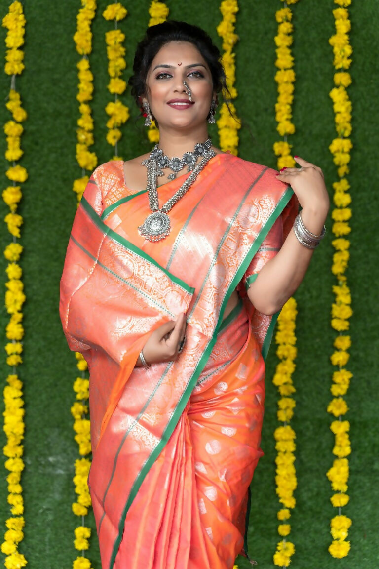 Jyoti Fashion Women's Peach Soft Handloom Silk Zari Woven Saree with Blouse | Grocsy