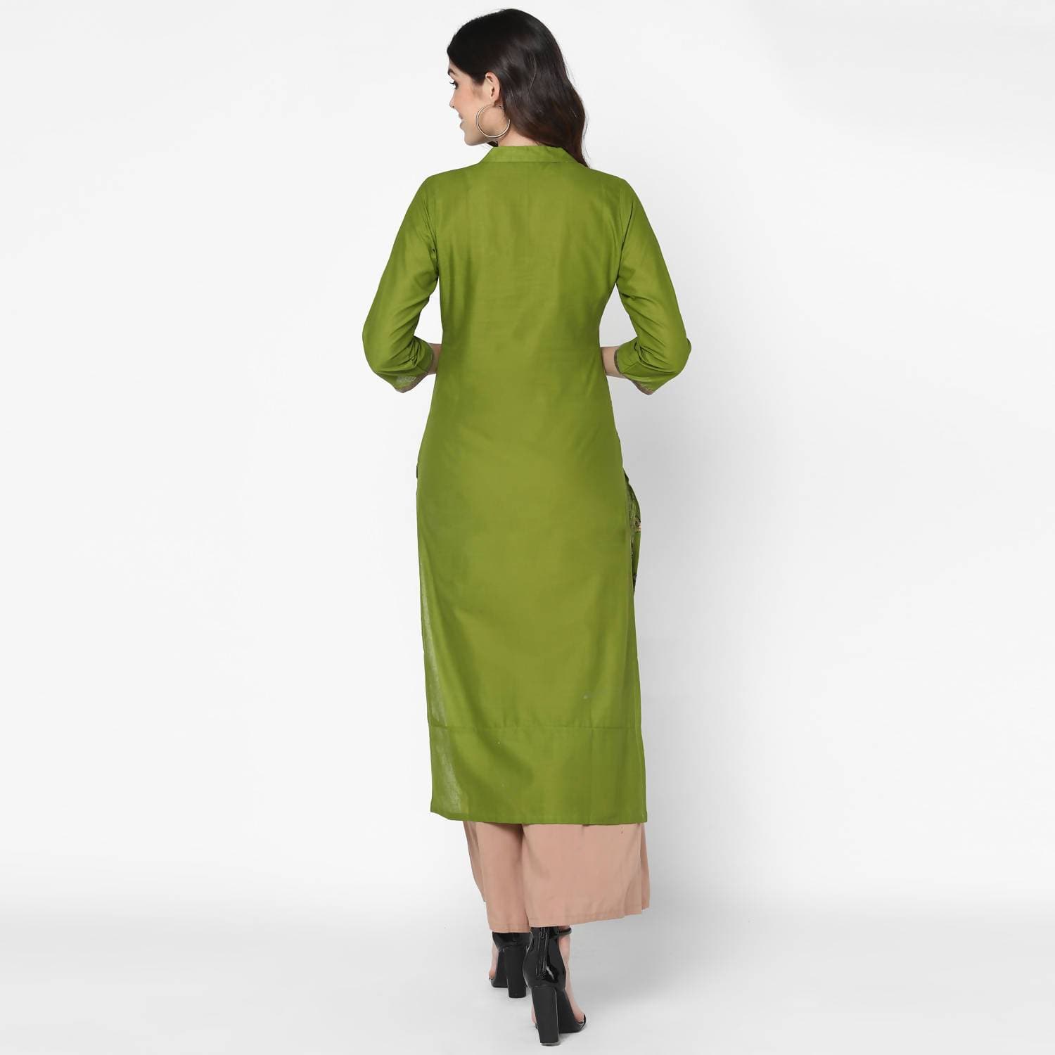 Cheera Hand Block Print Olive Green & Skin Color Straight Kurta With Palazzo (MAAI-070K) | Grocsy